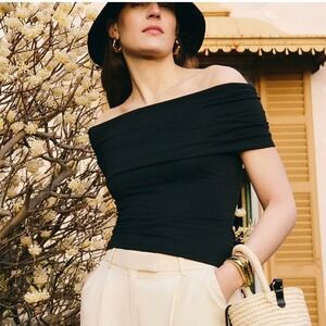 Cuyana Off Shoulder Top M Black Draped Foldover Organic Pima Cotton Modal Luxe